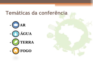 Temáticas da conferência
- AR
- ÁGUA
- TERRA
- FOGO
 