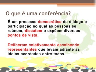 O que é uma conferência?
É um processo democrático de diálogo e
participação no qual as pessoas se
reúnem, discutem e expõem diversos
pontos de vista.
Deliberam coletivamente escolhendo
representantes que levam adiante as
ideias acordadas entre todos.
 