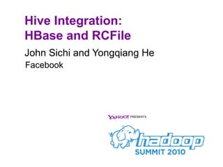 Hive Integration:  HBase and RCFile ,[object Object],Facebook 