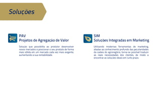 SIM 
Soluções Integradas em Marketing 
Soluções 
PAV 
Projetos de Agregação de Valor 
Utilizando modernas ferramentas de 
marketing, aliadas ao conhecimento 
profundo das peculiaridades da cadeia 
do agronegócio, torna-se possível 
traduzir as reais necessidades dos 
clientes, de modo a encontrar as 
soluções ideais em curto prazo. 
Solução que possibilita ao produtor 
desenvolver novos mercados e 
posicionar o seu produto de forma mais 
sólida em um mercado cada vez mais 
exigente, aumentando a sua 
rentabilidade. 
 