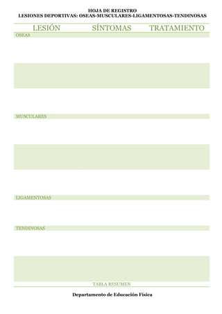 HOJA DE REGISTRO
LESIONES DEPORTIVAS: OSEAS-MUSCULARES-LIGAMENTOSAS-TENDINOSAS
LESIÓN SÍNTOMAS TRATAMIENTO
OSEAS
MUSCULARES
LIGAMENTOSAS
TENDINOSAS
TABLA RESUMEN
Departamento de Educación Física
 
