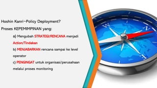 Hoshin Kanri~Policy Deployment?
Proses KEPEMIMPINAN yang:
a) Mengubah STRATEGI/RENCANA menjadi
Action/Tindakan
b) MENJABARKAN rencana sampai ke level
operator
c) PENGINGAT untuk organisasi/perusahaan
melalui proses monitoring
 