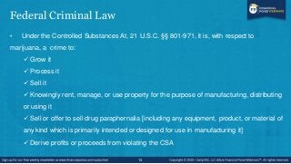 Federal Criminal Law
• Under the Controlled Substances At, 21 U.S.C. §§ 801-971, it is, with respect to
marijuana, a crime...