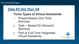 The Automated Agent
Step #3 Get Your VA
Three Types of Virtual Assistants:
1. Project-Based One Time
Services
2. Task – Based On Demand
Services
3. Part or Full Time Integrated
Virtual Assistants
 