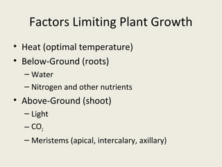 Factors Limiting Plant Growth
• Heat (optimal temperature)
• Below-Ground (roots)
  – Water
  – Nitrogen and other nutrients
• Above-Ground (shoot)
  – Light
  – CO2
  – Meristems (apical, intercalary, axillary)
 