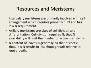 Resources and Meristems
• Intercalary meristems are primarily involved with cell
  enlargement which requires primarily CHO and has
  low N requirement.
• Axillary meristems are sites of cell division and
  differentiation. Cell division requires N; thus N
  availability will limit the number of active meristems.
• N content of leaves is generally 2X that of roots;
  thus, low N results in less shoot growth relative to
  root growth.
 