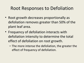 Root Responses to Defoliation
• Root growth decreases proportionally as
  defoliation removes greater than 50% of the
  plant leaf area.
• Frequency of defoliation interacts with
  defoliation intensity to determine the total
  effect of defoliation on root growth.
  – The more intense the defoliation, the greater the
    effect of frequency of defoliation.
 