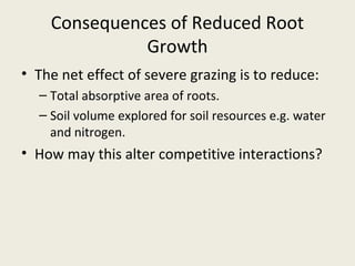 Consequences of Reduced Root
              Growth
• The net effect of severe grazing is to reduce:
  – Total absorptive area of roots.
  – Soil volume explored for soil resources e.g. water
    and nitrogen.
• How may this alter competitive interactions?
 