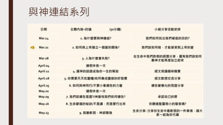 與神連結系列
日期 主題內容+討論 (50分鐘) 小組分享活動安排
Mar.14 1. 為什麼要與神連結? 我們如何找出我們被造的目的?
Mar.21 2. 如何與上帝建立一個愛的關係? 我們該如何做，才能感受到上帝的愛
Mar.28 3. 人為什麼會失敗?
在生命中我們跌倒的經歷分享，還有我們該如何
靠神才能再度站立起來
April.04 連假休息一次
April.11 4. 讓神的話語成為你一生的幫助 經文背誦趣味競賽
April.18 5. 你需要天天吃靈糧/如何養成靈修的好習慣 經文默想交流分享
April.25 6. 如何與神同行/不要小看禱告的力量 禱告蒙應允的見證分享
May.02 連假休息一次
May.09 7. 我們該禱告甚麼?/神喜悅我們如何禱告? 承認自己的罪
May.16 8. 生命蒙福的秘訣/不是讀，而是要行出來 你聽過聖靈微小的聲音嗎?
May.23 9. 我雖軟弱，神卻剛強
生命分享: 分享你生命中最軟弱的一件事情，請大
家一起為你代禱
 