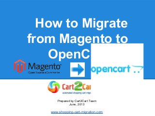 How to Migrate
from Magento to
OpenCart
Prepared by Cart2Cart Team
June, 2013
www.shopping-cart-migration.com
 