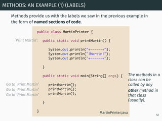Methods provide us with the labels we saw in the previous example in
the form of named sections of code.
METHODS: AN EXAMP...