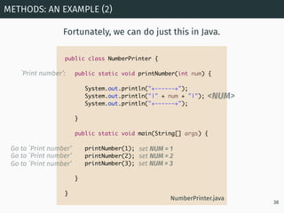 Fortunately, we can do just this in Java.
METHODS: AN EXAMPLE (2)
38
public class NumberPrinter {
public static void print...