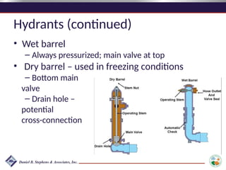 Hydrants (continued)
• Wet barrel
– Always pressurized; main valve at top
• Dry barrel – used in freezing conditions
– Bottom main
valve
– Drain hole –
potential
cross-connection
 