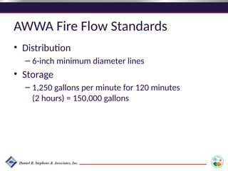 AWWA Fire Flow Standards
• Distribution
– 6-inch minimum diameter lines
• Storage
– 1,250 gallons per minute for 120 minutes
(2 hours) = 150,000 gallons
 