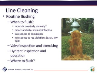 Line Cleaning
• Routine flushing
– When to flush?
• monthly, quarterly, annually?
• before and after main disinfection
• in response to complaints
• in response to reg violations (bac.t, low
TCR)
– Valve inspection and exercising
– Hydrant inspection and
operation
– Where to flush?
 