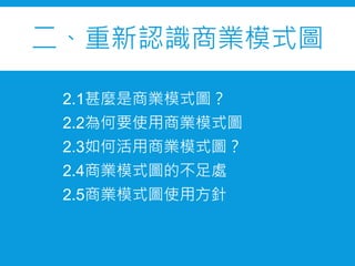 二、重新認識商業模式圖
2.1甚麼是商業模式圖？
2.2為何要使用商業模式圖
2.3如何活用商業模式圖？
2.4商業模式圖的不足處
2.5商業模式圖使用方針
 