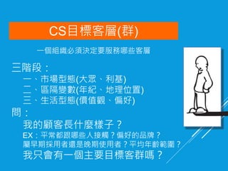 CS目標客層(群)
問：
我的顧客長什麼樣子？
EX：平常都跟哪些人接觸？偏好的品牌？
屬早期採用者還是晚期使用者？平均年齡範圍？
我只會有一個主要目標客群嗎？
三階段：
一、市場型態(大眾、利基)
二、區隔變數(年紀、地理位置)
三、生活型態(價值觀、偏好)
一個組織必須決定要服務哪些客層
 