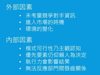 外部因素
內部因素
• 未考量競爭對手資訊
• 進入市場的時機
• 環境的變化
• 模式可行性乃主觀認知
• 優先要素仍仰賴人為決定
• 執行力會影響結果
• 無法反應部門間唇齒關係
 