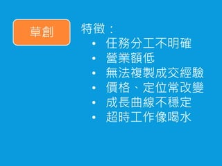 草創 特徵：
• 任務分工不明確
• 營業額低
• 無法複製成交經驗
• 價格、定位常改變
• 成長曲線不穩定
• 超時工作像喝水
 