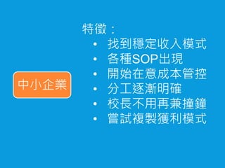 中小企業
特徵：
• 找到穩定收入模式
• 各種SOP出現
• 開始在意成本管控
• 分工逐漸明確
• 校長不用再兼撞鐘
• 嘗試複製獲利模式
 