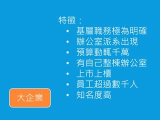 大企業
特徵：
• 基層職務極為明確
• 辦公室派系出現
• 預算動輒千萬
• 有自己整棟辦公室
• 上市上櫃
• 員工超過數千人
• 知名度高
 