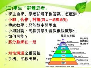 (三)學生「群體思考」
學生自學、思考卻尋不到答案，怎麼辦？
 小組，合作，討論(四人一組與排列)
 傳統教學：只能教中間學生
 小組討論：高程度學生會教低程度學生
 如何可能？
 將分數綁在一起


知性溝通之重要性
 手機、平板出現。


 