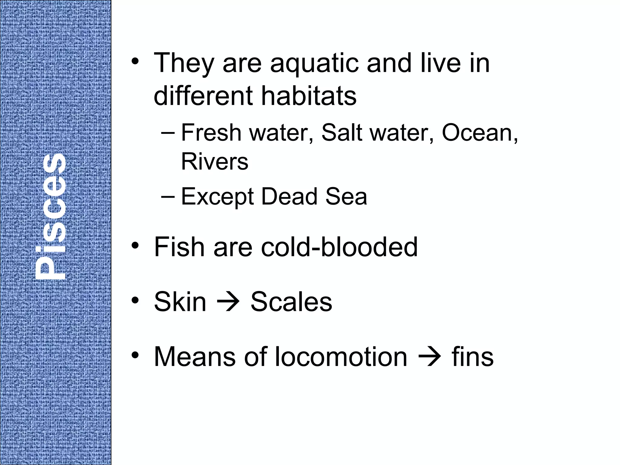 Pisces

• They are aquatic and live in
different habitats
– Fresh water, Salt water, Ocean,
Rivers
– Except Dead Sea

• Fish are cold-blooded
• Skin  Scales
• Means of locomotion  fins

 