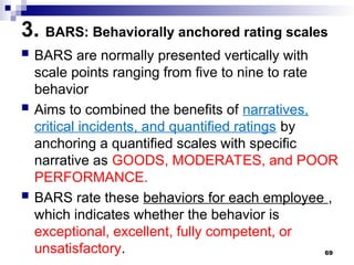 3. BARS: Behaviorally anchored rating scales
 BARS are normally presented vertically with
scale points ranging from five to nine to rate
behavior
 Aims to combined the benefits of narratives,
critical incidents, and quantified ratings by
anchoring a quantified scales with specific
narrative as GOODS, MODERATES, and POOR
PERFORMANCE.
 BARS rate these behaviors for each employee ,
which indicates whether the behavior is
exceptional, excellent, fully competent, or
unsatisfactory. 69
 