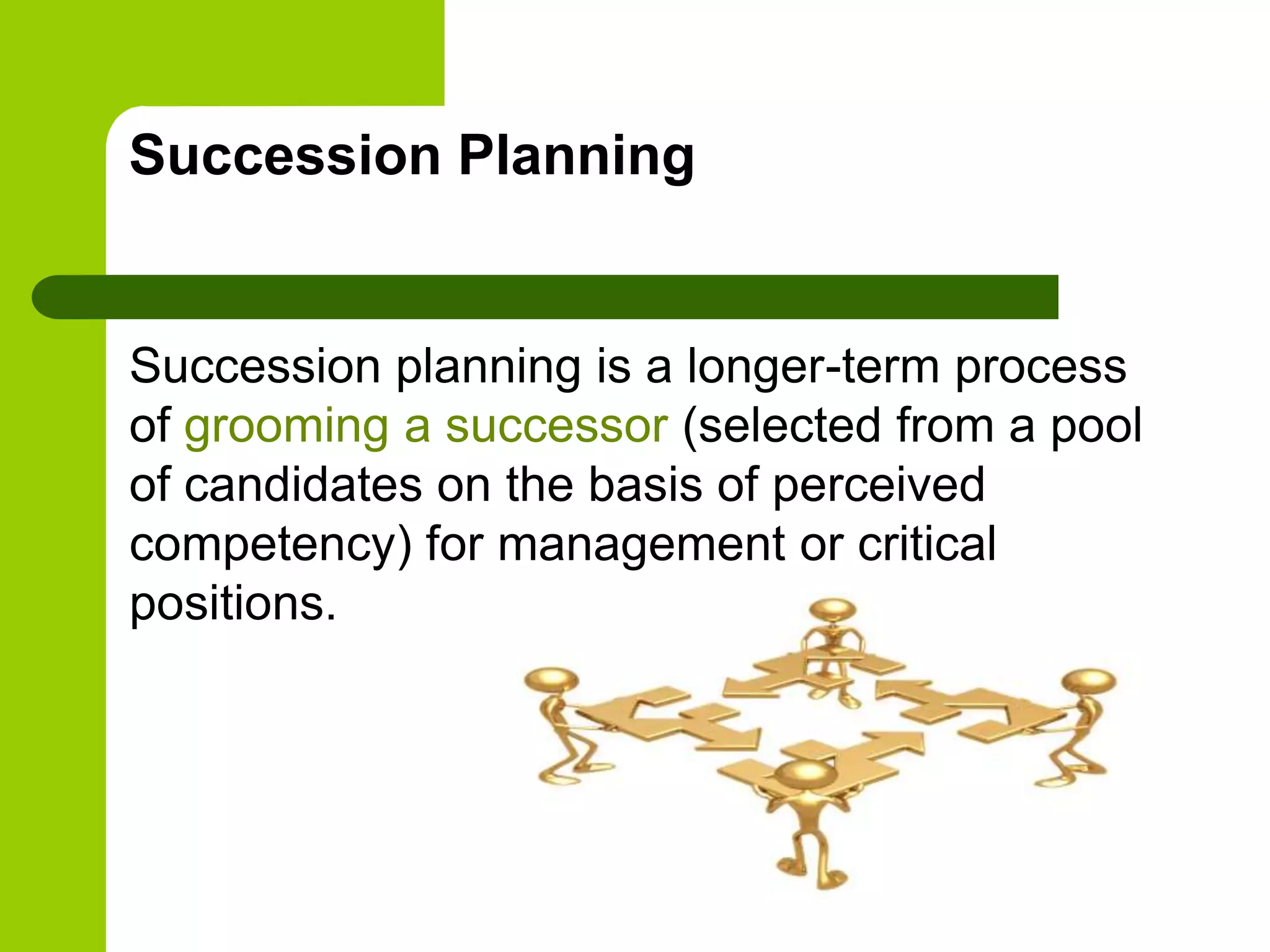 Succession Planning
Succession planning is a longer-term process
of grooming a successor (selected from a pool
of candidates on the basis of perceived
competency) for management or critical
positions.
 