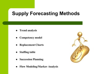 Supply Forecasting Methods
 Trend analysis
 Competency model
 Replacement Charts
 Staffing table
 Succession Planning
 Flow Modeling/Markov Analysis
 