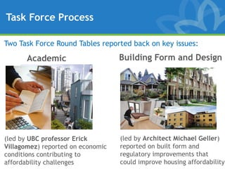 Task Force Process

Two Task Force Round Tables reported back on key issues:

       Academic                    Building Form and Design




(led by UBC professor Erick        (led by Architect Michael Geller)
Villagomez) reported on economic   reported on built form and
conditions contributing to         regulatory improvements that
affordability challenges
    10                             could improve housing affordability
 