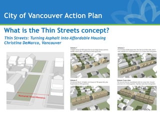 City of Vancouver Action Plan

What is the Thin Streets concept?
Thin Streets: Turning Asphalt into Affordable Housing
Christina DeMarco, Vancouver
 