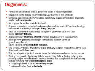 Oogenesis:
 Formation of a mature female gamete or ovum is calledoogenesis.
 Oogenesis starts during embryonic stage, 25th week of the fetal age.
 Germinal epithelium of ovary divided mitotically to produce millions of gamete
mother cell or oogonia.
 No oogonia formed or added after birth.
 Oogonia enters into meiosis-I and proceeds uptodiakinesis of Prophase-I and get
suspended, at this stage calledprimary Oocytes.
 Each primary oocyte surrounded by layers of granulose cells and then
called primary follicle.
 At puberty only 60,000 to 80,000 primary oocytes are left in each ovary.
 After puberty primary follicles get surrounded by more layers of
granulosa cells and
a new theca to formsecondary follicles.
 The secondary follicle transformed into tertiary follicle, characterized by a fluid
filled cavity calledantrum.
 The theca layers organized into an inner theca interna and outer theca externa.
 During the growth of primary follicle into tertiary follicle during puberty, the
primary oocyte restarts its first meiotic division and completes it within tertiary
follicle resulting two unequal haploid cells.
 Large haploid cell is called secondary oocyte.
 A tiny cell called first polar body.
 