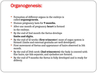 Organogenesis:
 Formation of different organs in the embryo is
called organogenesis.
 Human pregnancy lasts for 9 months.
 After one month of pregnancy heart is formed
in the embryo.
 By the end of 2nd month the foetus develops
limbs and digits.
 By the end of 12 weeks (first trimester) most of organ system is
formed (limbs and external genitalia are well developed).
 First movement of foetus and appearance of hairs observed in 5th
month.
 By the end of 24th week (2nd trimesters) the body is covered with
fine hairs, eye-lids separate, and eyelashes are formed.
 By the end of 9 months the foetus is fully developed and is ready for
delivery.
 