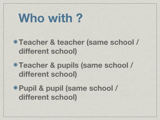Who with ?
Teacher & teacher (same school /
different school)
Teacher & pupils (same school /
different school)
Pupil & pupil (same school /
different school)
 
