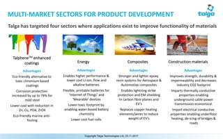 Copyright Talga Technologies Ltd, 03.11.2017
MULTI-MARKET	SECTORS	FOR	PRODUCT	DEVELOPMENT
Talga	has	targeted	four	sectors	where	applications	exist	to	improve	functionality	of	materials
Advantages
Improves	strength,	durability	&	
impermeability and	decreases	
industry	CO2	footprint
Imparts	thermally	conductive	
properties enabling	
underground	cable	power	
transmission	economical.
Impart	electrical	conductive	
properties	enabling	underfloor	
heating,	de-icing	of	bridges	&	
roads
Advantages
Stronger	and	lighter	epoxy	
resin	systems	for	Aerospace	&	
Automotive composites
Enables	lightning	strike	
protection	and	EM	shielding	
in	carbon	fibre	planes	and	
EV’s
Replaces	copper	heating	
elements/wires	to	reduce	
weight	of	EV’s
Composites
TalpheneTM enhanced	
coatings Energy Construction	materials
Advantages
Enables	higher	performance &	
lower	cost	Li-ion,	flow	and	
alkaline	batteries.
Flexible,	printable	batteries	for	
‘Internet	of	Things’	and	
‘Wearable’	devices
Lower	toxic	footprint	by	
enabling	water-based	battery	
chemistry
Lower	cost	fuel	cells
Advantages
Eco-friendly	alternative	to	
toxic	chromium	based	
coatings
Corrosion	protection	
increased	by	up	to	74%	for	
mild	steel
Lower	cost	with	reduction	in	
Zn,	Cu,	PO4,	ZrO4
Eco-friendly	marine	anti-
fouling	
 