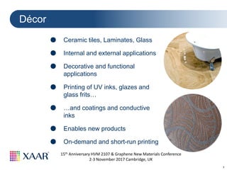 7
15th Anniversary HVM 2107 & Graphene New Materials Conference
2-3 November 2017 Cambridge, UK
Décor
● …and coatings and conductive
inks
● Decorative and functional
applications
● Internal and external applications
● Ceramic tiles, Laminates, Glass
● On-demand and short-run printing
● Printing of UV inks, glazes and
glass frits…
● Enables new products
 