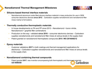 Nanodiamond Thermal Management Milestones
w  Silicone based thermal interface materials
•  Nanodiamond+aluminium oxide filled silicone interface material in mass production for use in OEM
consumer electronics devices since 2012 . Carbodeon supplies nanodiamond and nanodiamond filler
mixes mainly to formulators.
w  Thermally conductive thermoplastic materials
•  In house developments on PA and PP since 2012 – Nanodiamond + boron nitride,
Nanodiamond + graphite filler combinations
•  Production on the way - validated since 2016 – consumer electronics devices – Carbodeon
supplies nanodiamonds and nanodiamond filler mixes at various levels in the supply chain
•  Patent granted on nanodiamond thermoplastic compounds 2015 WO 2014049212
w  Epoxy materials
•  Customer validations 2017 in both coatings and thermal management applications for
electronics – Carbodeon supplies nanodiamonds and nanodiamond filler mixes at various levels
in the supply chain.
w  Nanodiamond containing thermal compounds
•  Patent granted 2017, new invention encompassing both thermoplastic and thermoset materials
US 9598558
 