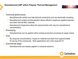 Nanodiamond USP within Polymer Thermal Management
w  Technical performance
•  NanoDiamonds exhibit very high thermal conductivity and are electrically insulating
•  NanoDiamond surface functionalization allows efficient coupling to applied polymers
and other thermal filler materials
•  Nanodiamond dispersions allow the improvements with very low nanodiamond
concentrations
w  Processing
•  Nanodiamonds can be applied within existing production processes & supply chains
w  Cost
•  By using low concentrations, impact on material cost starts from approximately
€1 per kg of the compounds. Most applications are in the range €2-10
w  Commercial stage
•  NanoDiamonds are already applied in industrial solutions
 