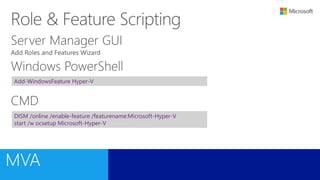 Add-WindowsFeature Hyper-V
DISM /online /enable-feature /featurename:Microsoft-Hyper-V
start /w ocsetup Microsoft-Hyper-V
 