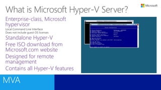 Enterprise-class, Microsoft
hypervisor
Standalone Hyper-V
Free ISO download from
Microsoft.com website
Designed for remote
management
Contains all Hyper-V features
 