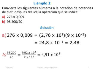 Ejemplo 3:
Convierta los siguientes números a la notación de potencias
de diez, después realice la operación que se indica:
a) 276 x 0,009
b) 98 200/20
a)276 x 0,009 = (2,76 x 102)(9 x 10–3)
Solución
b)
98 200
20
=
9,82 𝑥 104
2 𝑥 101 = 4,91 𝑥 103
= 24,8 x 10–1 = 2,48
14/05/2013 Circuitos y Maquinas Eléctricas 12
 