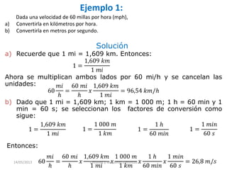 Ejemplo 1:
Dada una velocidad de 60 millas por hora (mph),
a) Convertirla en kilómetros por hora.
b) Convertirla en metros por segundo.
a) Recuerde que 1 mi = 1,609 km. Entonces:
Solución
Ahora se multiplican ambos lados por 60 mi/h y se cancelan las
unidades:
b) Dado que 1 mi = 1,609 km; 1 km = 1 000 m; 1 h = 60 min y 1
min = 60 s; se seleccionan los factores de conversión como
sigue:
Entonces:
14/05/2013 Circuitos y Maquinas Eléctricas 6
 
