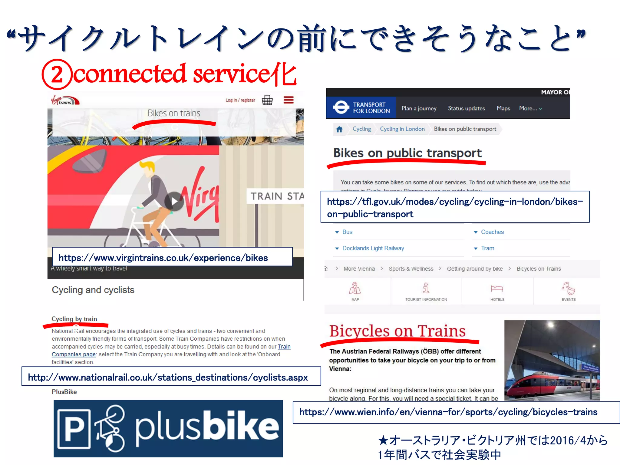 https://www.virgintrains.co.uk/experience/bikes
https://tfl.gov.uk/modes/cycling/cycling-in-london/bikes-
on-public-transport
★オーストラリア・ビクトリア州では2016/4から
1年間バスで社会実験中
“サイクルトレインの前にできそうなこと”
②connected service化
ｃ
ｃ
http://www.nationalrail.co.uk/stations_destinations/cyclists.aspx
https://www.wien.info/en/vienna-for/sports/cycling/bicycles-trains
ｃ
ｃ
 