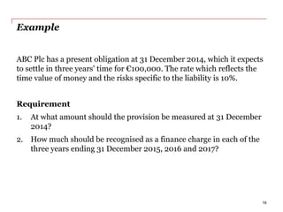 Example
ABC Plc has a present obligation at 31 December 2014, which it expects
to settle in three years' time for €100,000. The rate which reflects the
time value of money and the risks specific to the liability is 10%.
Requirement
1. At what amount should the provision be measured at 31 December
2014?
2. How much should be recognised as a finance charge in each of the
three years ending 31 December 2015, 2016 and 2017?
16
 