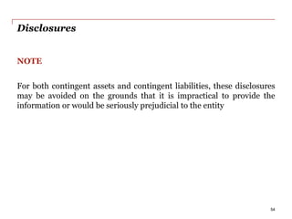 Disclosures
NOTE
For both contingent assets and contingent liabilities, these disclosures
may be avoided on the grounds that it is impractical to provide the
information or would be seriously prejudicial to the entity
54
 