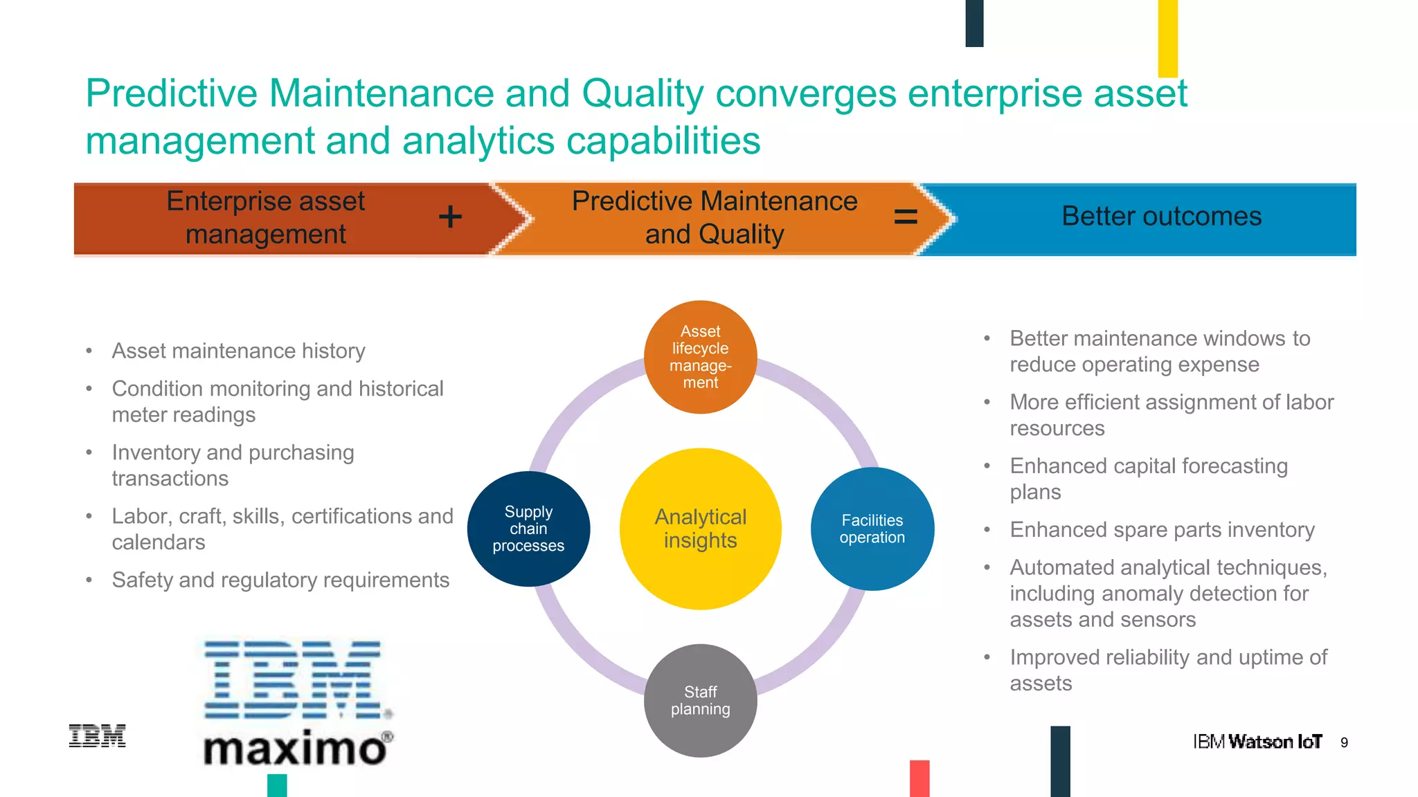 9
Predictive Maintenance and Quality converges enterprise asset
management and analytics capabilities
Analytical
insights
Asset
lifecycle
manage-
ment
Facilities
operation
Staff
planning
Supply
chain
processes
• Better maintenance windows to
reduce operating expense
• More efficient assignment of labor
resources
• Enhanced capital forecasting
plans
• Enhanced spare parts inventory
• Automated analytical techniques,
including anomaly detection for
assets and sensors
• Improved reliability and uptime of
assets
• Asset maintenance history
• Condition monitoring and historical
meter readings
• Inventory and purchasing
transactions
• Labor, craft, skills, certifications and
calendars
• Safety and regulatory requirements
Enterprise asset
management
Predictive Maintenance
and Quality
Better outcomes=+
 