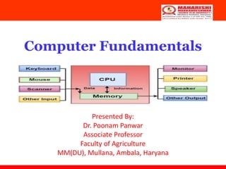 Computer Fundamentals
Presented By:
Dr. Poonam Panwar
Associate Professor
Faculty of Agriculture
MM(DU), Mullana, Ambala, Haryana
 