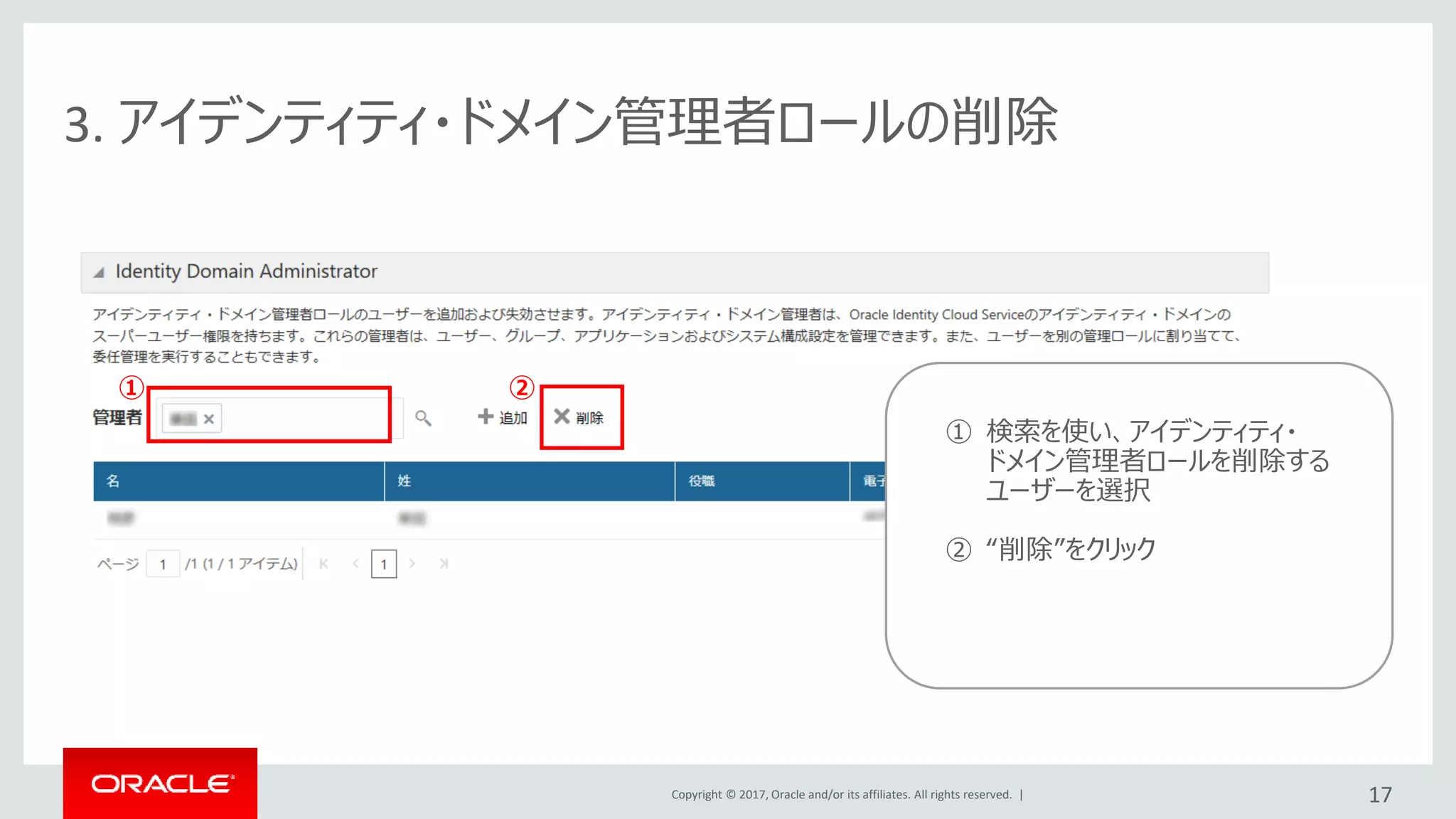 Copyright © 2017, Oracle and/or its affiliates. All rights reserved. |
① ②
3. アイデンティティ・ドメイン管理者ロールの削除
17
① 検索を使い、アイデンティティ・
ドメイン管理者ロールを削除する
ユーザーを選択
② “削除”をクリック
 