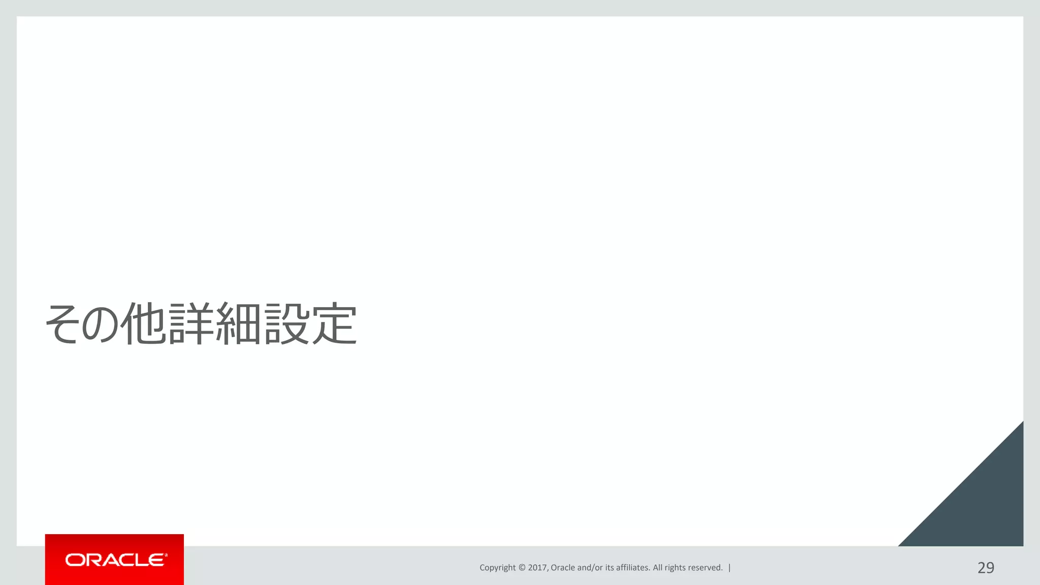 Copyright © 2017, Oracle and/or its affiliates. All rights reserved. |
その他詳細設定
29
 